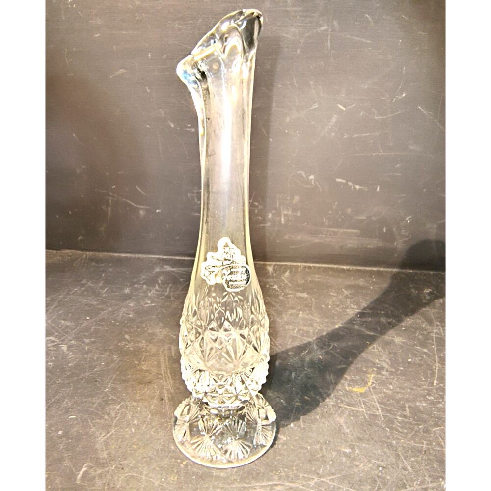 2082. Vintage Fenton Clear Swung Glass Bud Vase Diamond Pattern 7 Inch